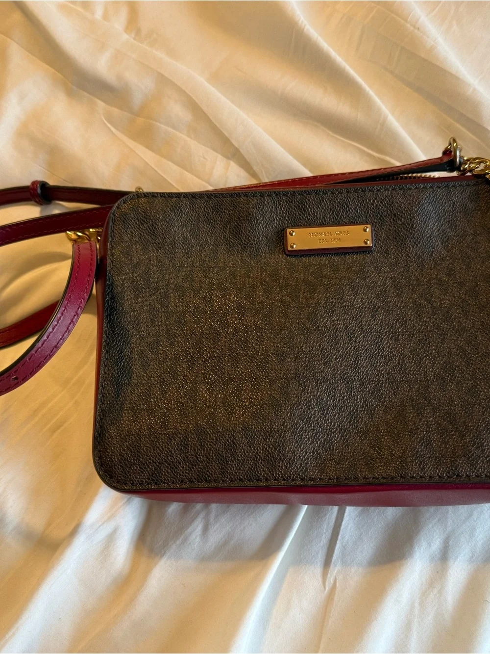 Michael Kors Brown and Red Trim Crossbody Bag
